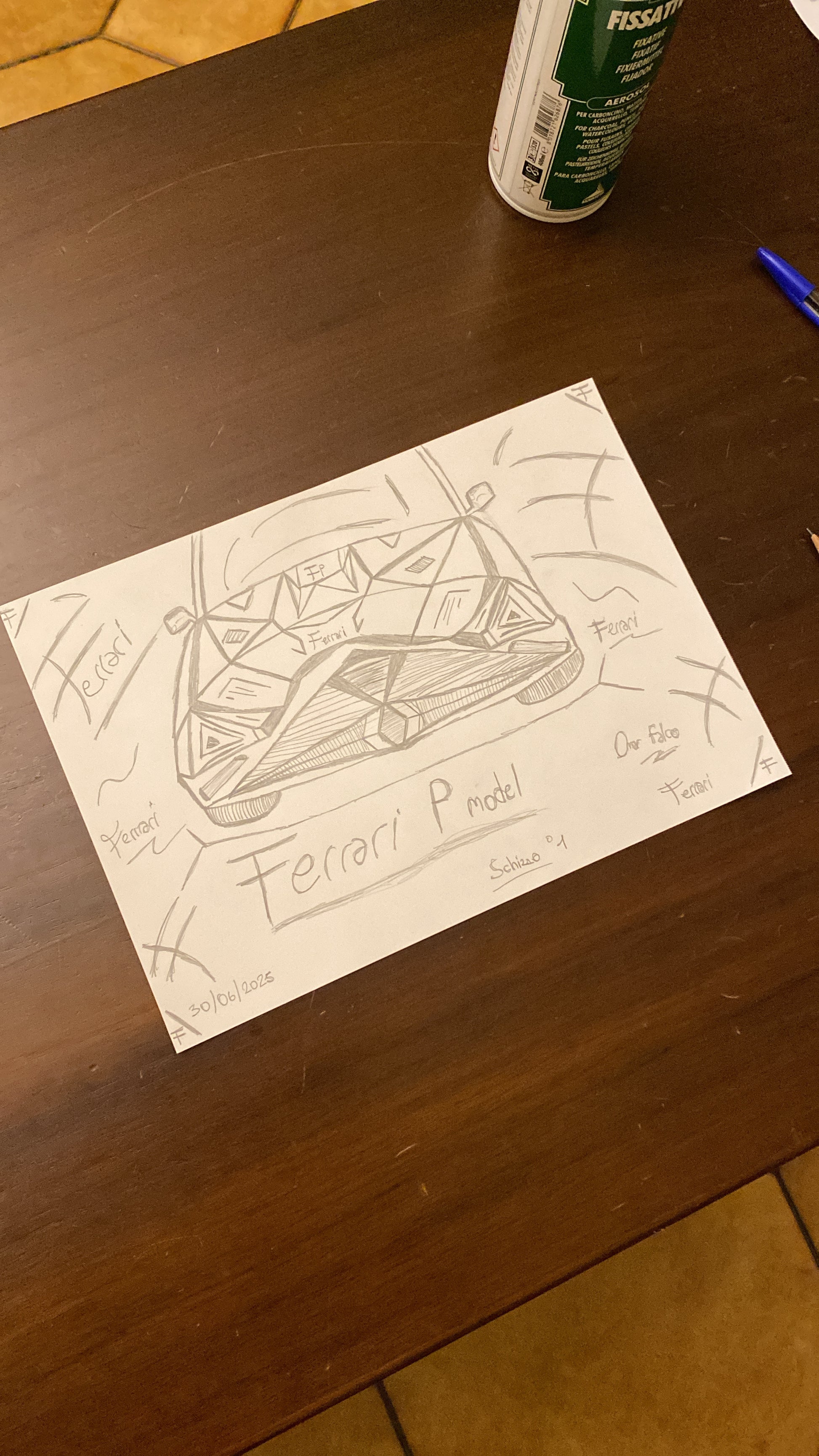 Schizzo Ferrari P model original artwork A4 by Omar Falco